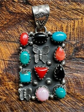 Sterling Silver Multi Stone Butterfly Pendant Turquoise Coral Conch Onyx 925